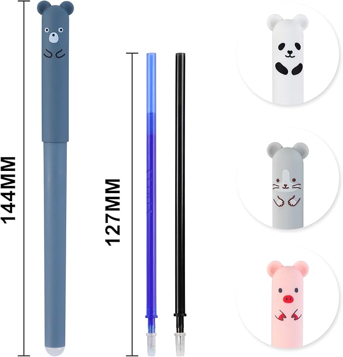 RIANCY Cute Cartoon Animal Erasable Gel Pens, 12 Pack, 0.5mm Fine Point, Refillable Black Ink Rollerball Pens for Students & Adults, Ideal for Writing, Note Taking, School & Office Supplies