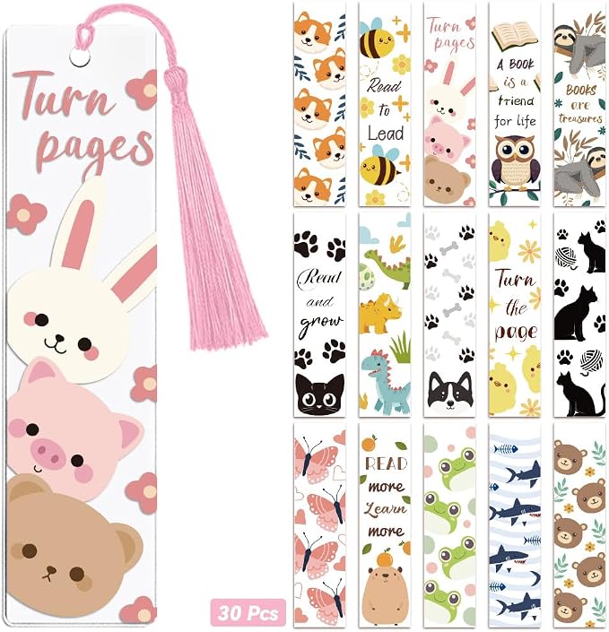 Peacoblue 30pcs UV DTF Bookmarks Transfer Stickers Wraps Cute Animals and Cartoons for Women Men Reading, Waterproof Bookmarkers Decal(No Blank Bookmarks) for Acrylic Plastic Metal Blank Bookmark