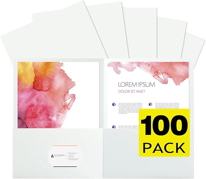 pmybupo 100Pcs White Folders with Pockets and Business Card Holder,2 Pocket Folders for School,Home or Office,Durable Heavy Duty File Folders