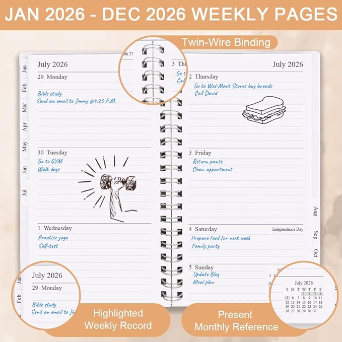 2026 Pocket Planner, A6 Weekly Planner with Monthly Tabs, Run January 2026-December 2026, Elastic Closure, Twin-Wire Binding, Easy to Organize Your Daily Life, 3.75 x 6.75 In, Pocket Planners 2026, Twig