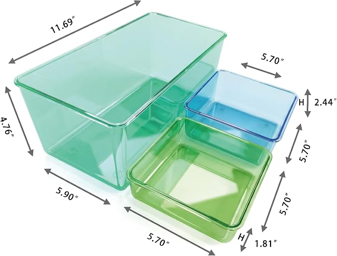 MOSSRIVER 3 Pack Clear Drawer Organizer Set, Plastic Desk Organizer Bin with Lid & Trays, Colorful Storage Box with Removable Trays for Cosmetics, Jewelry, Bedroom, Bathroom, Office, Combo 04