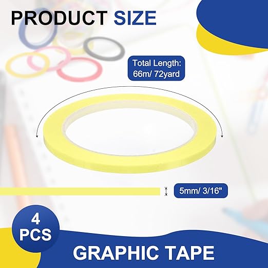 MECCANIXITY Whiteboard Tape 3/16" / 5mm Self Adhesive Graphic Chart Line Tape 72 Yard Grid Marking Stickers for Pinstripe Dry Erase Board Scrapbooking DIY Art Crafts, Light Yellow, Pack of 4
