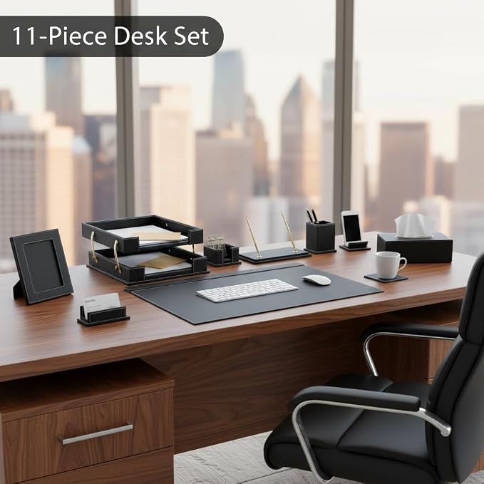 Leather Desk Set, 11-Piece All-in-One – Executive Desk Accessories & Office Supplies, Desk Organizer with Desk Pad & Blotter, 2-Tier Letter Tray, Luxury Office Desk Decor & Boss Gifts (Black)