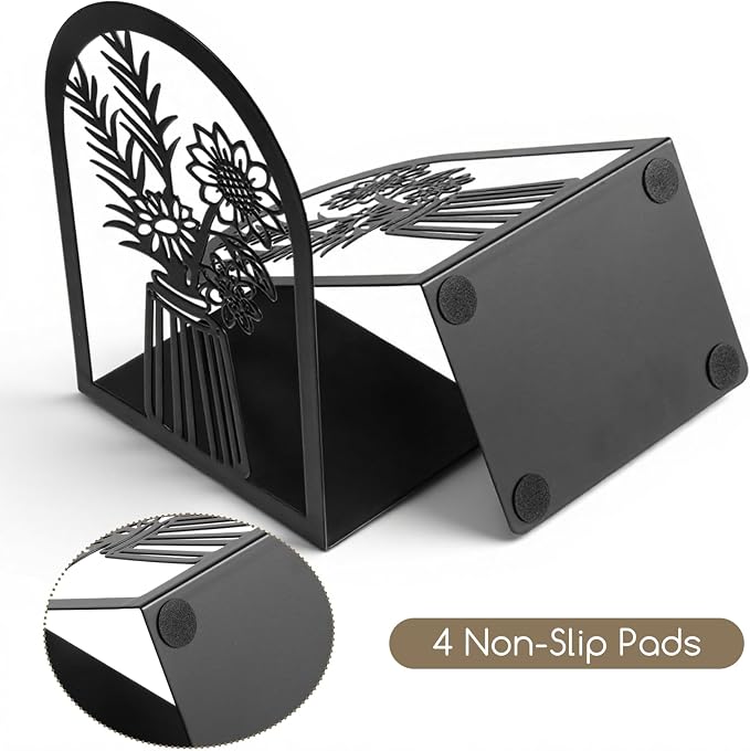 Kifmurase 5 Pair Metal Book Ends, Modern Decorative Flower Shelves Bookends, Black Book Stopper for Heavy Books, Novety Floral Books Shelf Holder Ends for Home Office School, 6.6×4.7×3.6 inch