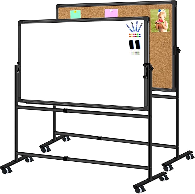 Max-officoo 40"x30" Double Sided Moblie Magnetic Dry Erase Board on Rolling Wheels, Height Adjustable & Angle Corkboard and Whiteboard with Stand