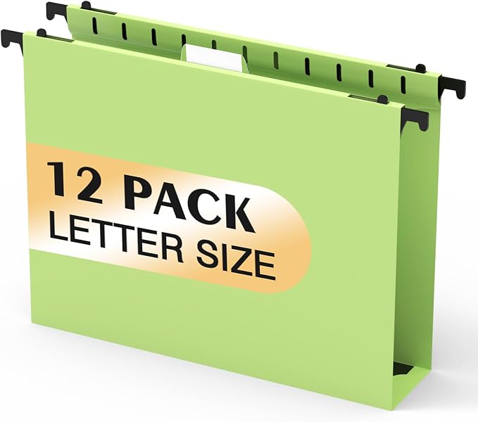 Hanging File Folders Letter Size, Hanging Folders 2 Inch Expandable 12 Pack Extra Capacity File Folders Hanging with Tabs, Plastic Hanging Files Folder for School Office Supplies, Mustard Green