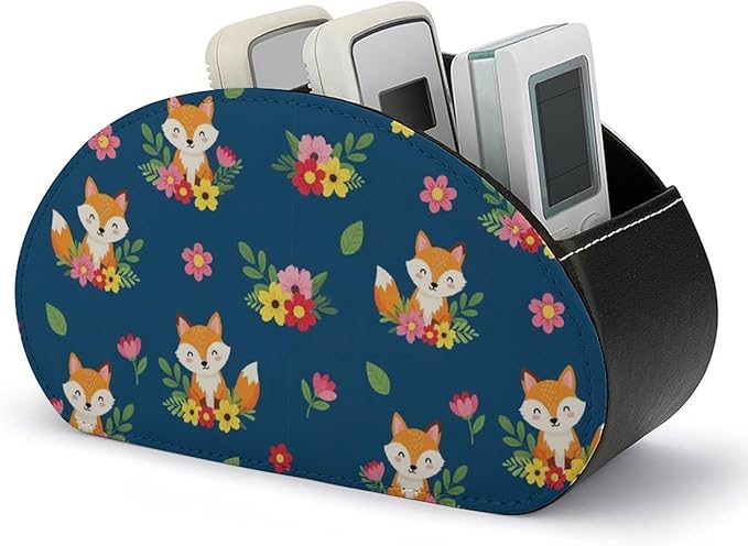 Remote Control Box with 5 Compartments, PU Leather Storage for Media Players, TV Remotes, and Bedside Table, Cute Fox