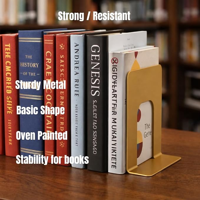 Alessk Dark Matte Gold Bookends for Shelves, Heavy Duty Metal Bookends Supports Heavy Books, Decorative Gold Stops for Home or Office Decoration - 3 Pairs (6 Pieces).