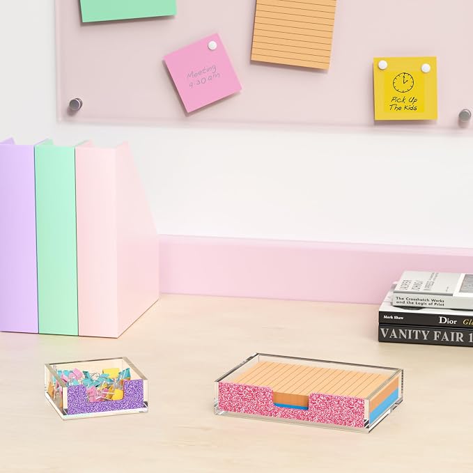 Acrylic Notepad Dispenser Organizer - 3 x 3 in Clear and Glitter Purple Sticky Note Holder W/O Pads Memo Holder for Dorm Room School Classroom Office Desk Organizer Aesthetic Supplies