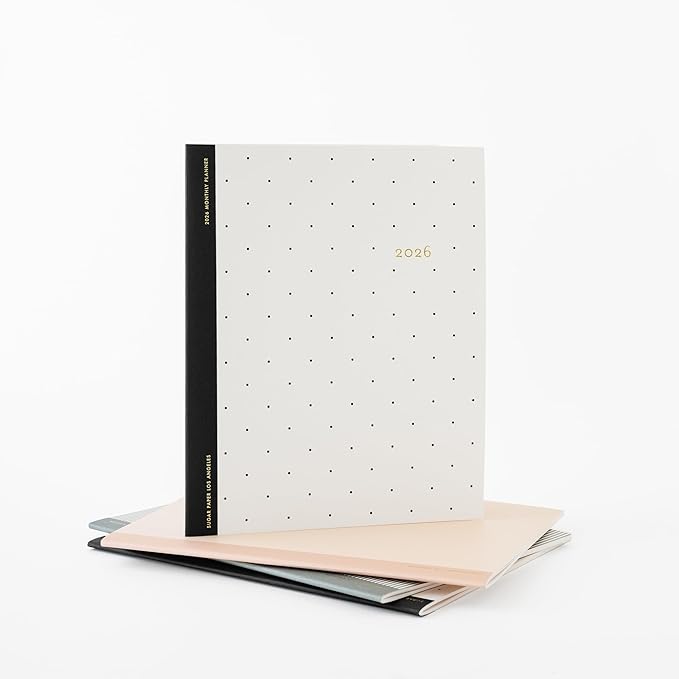 Sugar Paper 2026 Monthly Planner, January to December, 8" x 10", Calendar for Women, Flexible Matte Paper Cover, Fabric Tape Stitch Binding, 12 Month, Black Swiss
