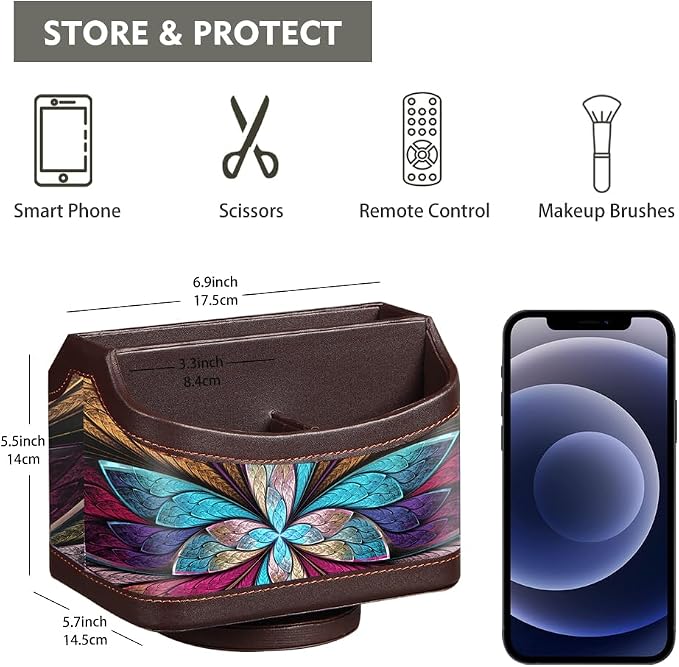 360° Rotating Remote Control Holder, PU Leather TV Remote Caddy Organizer Basket Storage Box with 5 Compartments for Pen, Pencil, Art Supplies, Makeup Brush, Office Desk Table Accessories