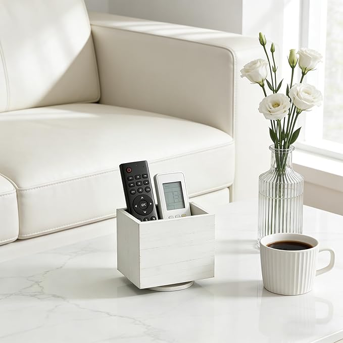 360° Rotating Remote Control Holder, Wooden TV Remote Holder for Table, Desk Organizer Caddy Media Storage Box Ideal for Living Room, Bedroom, Office Desk (White)
