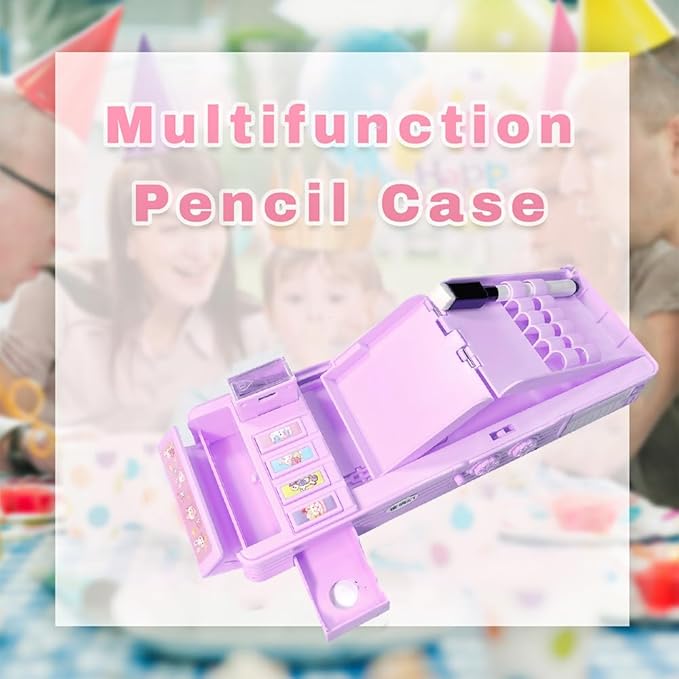 【2Pack】Pop Up Multifunction Pencil Case for Girls and Boys, Cute Cartoon Pen Box Organizer Stationery with Lock, Sharpener, Schedule, Whiteboard, School Supplies, Best Gifts for Kids(Purple+Rocket)