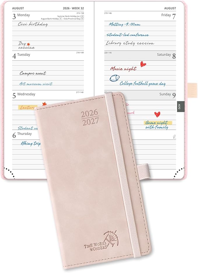 POPRUN 2026-2027 Pocket Weekly Planner for Purse, 3.5" x 6.5" Slim Size, Small Calendar from August 2026 to December 2027, Hardcover Appointment Book with Horizontal Layout, Monthly Calendar, 70 GSM Paper - Soft Pink