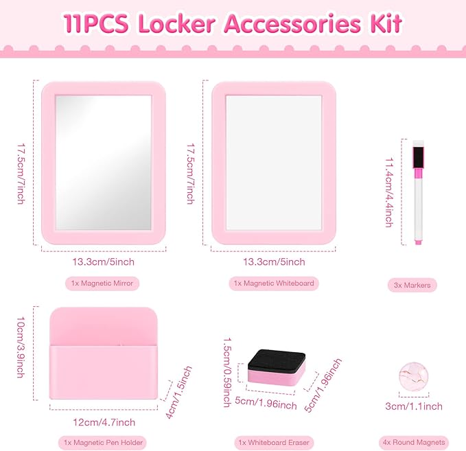 MoKo Locker Accessories Set, 11PCS Back to School Supplies Includes Magnetic Mirror, Whiteboard, Markers, Pen Holder, Magnets, Locker Organizer for School Office (Pink)