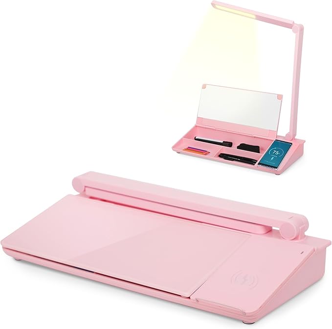 SHANTRA 16'' x 7'' Desktop Whiteboard with Fast Charger Station & Adjustable LED Lamp, Pink Desk Dry Erase Board with Organizer, Computer Pad & Keyboard Stand for Home, School, Office Desk Accessories