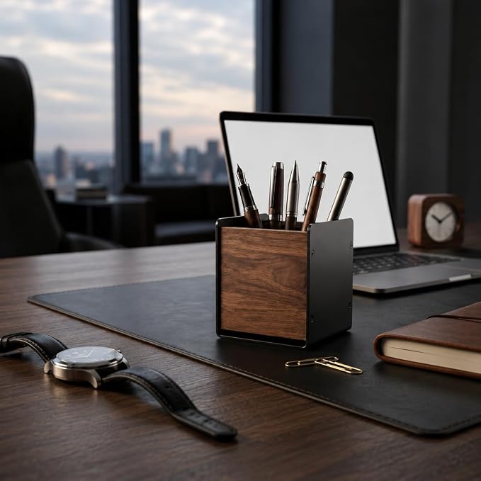 Walnut Desk Organizer, Minimalist Pencil Holder with Metal Frame, Multi-Purpose Storage for Pens, Makeup Brushes & Remote Controls, Modern Office Desk Accessory (1 Slot)