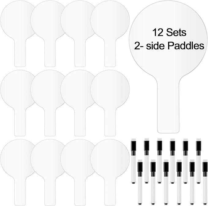 12 Sets 5x9 Inch Answer Dry Erase Paddles and 12 Black Marker Set Handheld Small Dry Erase Board Double Sided Auction Paddles Handheld Whiteboard for Classroom Voting Answering Auction Bidding