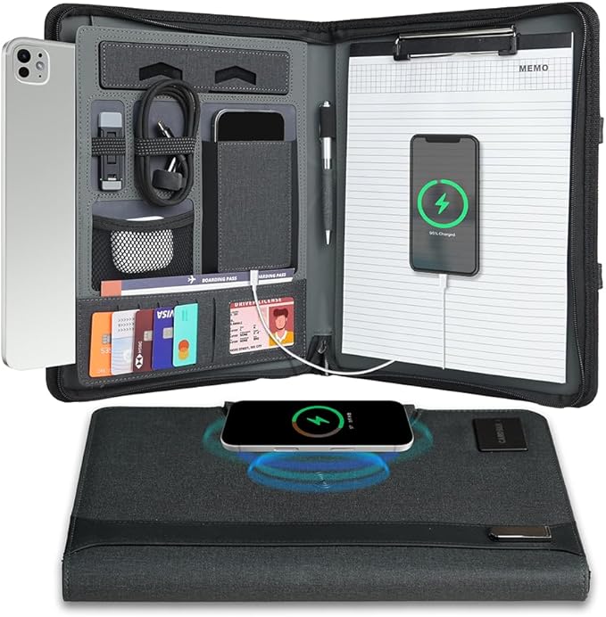 Zipper Padfolio, Portfolio Binder Organizer with 8000mAh Power Bank, Portfolio for Resume, Documents, Phone, Tablet, Business Supplies, Notebook Organizer with Wireless Charging
