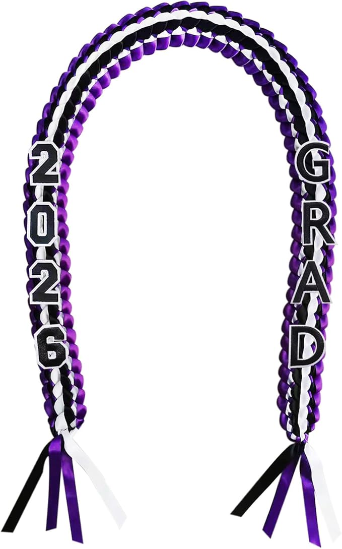 Graduation Leis 2026 Money Ribbon Leis for Graduation Class of 2026 Braided 48inch Graduation Necklace for High School,College Graduation Party Gifts,Purple,White and Black