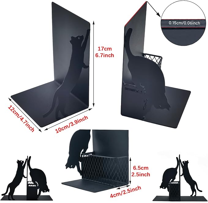 Cat Book Ends for Shelves, Metal Decorative Book Ends with Pen Holder, Fun Unique Bookends, Cool Black Cat Bookends for Home Office Desk Bookshelf Decor, Gift for Cat Lovers and Reading Enthusiasts