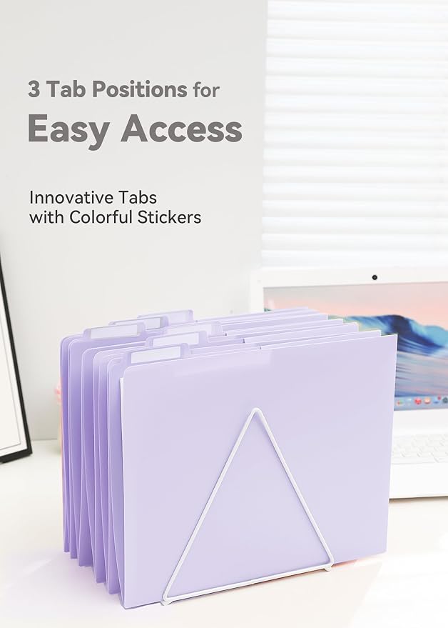 SortRax Plastic Folders with Pockets, 6 Pack Purple Folders for School, Unique 1/3 Cut Tabs with Colorful Labels, Letter Size