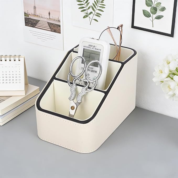 UNICRAFTALE PU Leather Remote Control Holder Organizer 3-Grid Desk Organizer Bedside Table Caddy Remot Organizers for TV Remote Pen Glasses Office Supplies Home Decor White 6.69x3.94x3.94 Inch