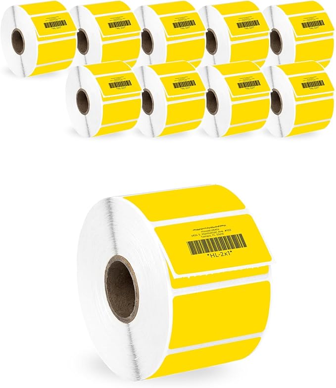 HOUSELABELS 2" x 1" Yellow Barcode Labels on 1" Core Compatible with Zebra and Rollo Printers, 10 Rolls / 1,300 Labels per Roll