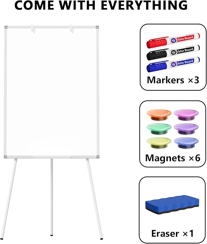 Large Whiteboard Easel with Stand, 40" x 28" Portable Standing Magnetic Dry Erase White Board, Tripod Height Adjustable Flip Chart Easel for Home Office Classroom School, Silver