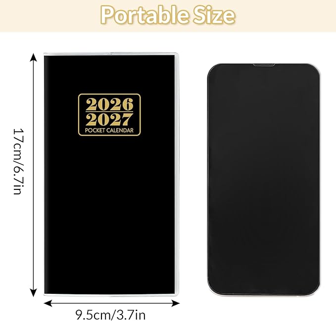 Pocket Calendar 2026-2027, Monthly Purse Planner (6.7" x 3.7") Runs from January 2026 to December 2027, Solid Black Pocket Calendar with PVC Cover for Planning, Organizing, and Office Use