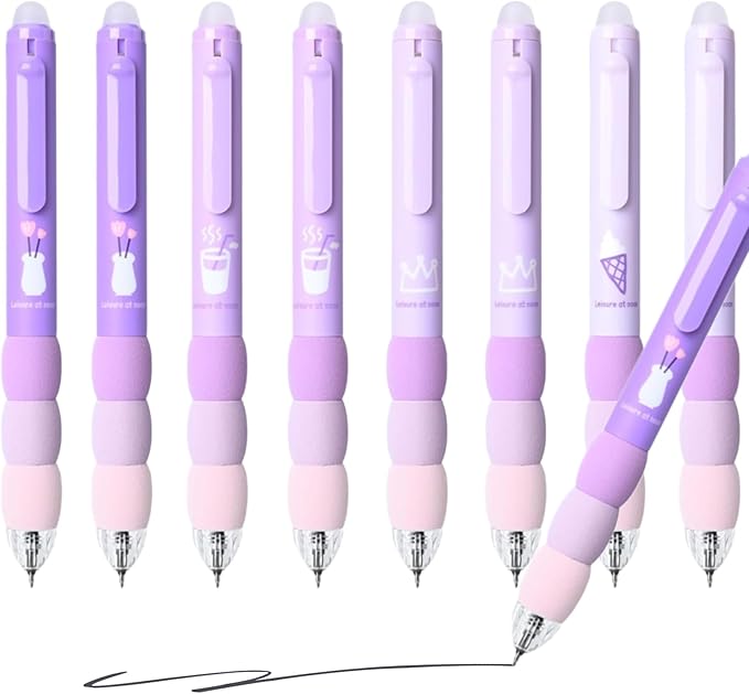 8Pcs Cute Purple Erasable Pens Aesthetic Retractable Erasable Gel Pens Cartoon Erasable Gel Ink Pens 0.5mm Black Ink - Retractable, Office School Supplies