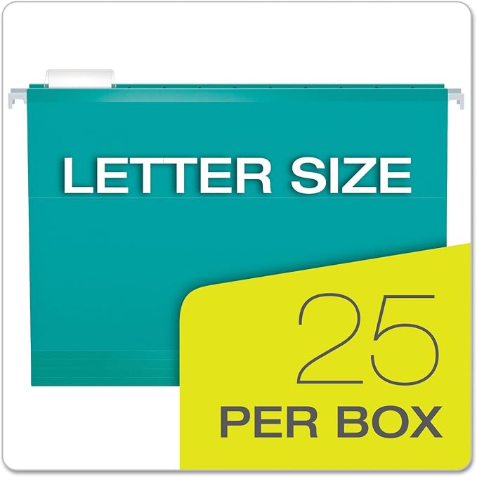 Pendaflex Reinforced Hanging File Folders, Letter Size, Aqua, 1/5 Cut, 25/BX (4152 1/5 AQU)