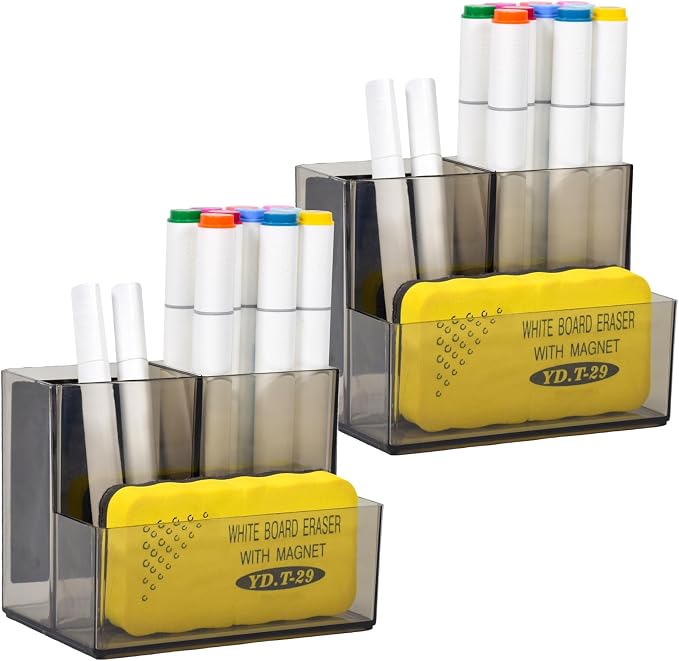 SAYEEC 2 Pack Acrylic Pencil Pen Holder Magnetic Dry Erase Marker Holder with 4 Magnet Sheets 3 Compartment Clear Grey Makeup Brush Organizer Desk Cup Caddy for Fridge Whiteboard Locker Office School