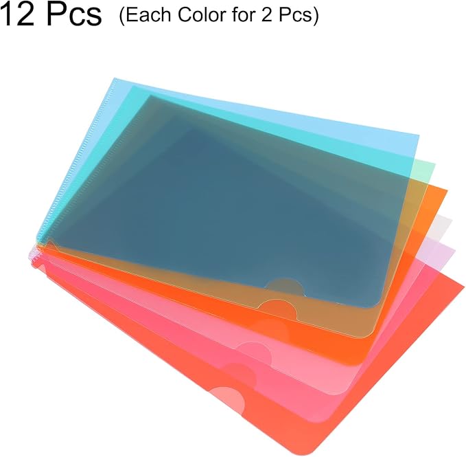 PATIKIL L Type Folders, 12 Pack A5 8.8 x 6.3 Plastic File Project Pockets Clear Paper Document Jacket Sleeve for Office, Multicolor