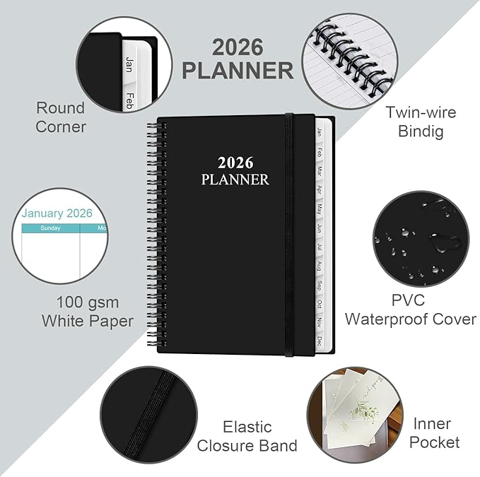 2026 Planner - Weekly & Monthly Planner from January 2026 - December 2026, Planner 2026 with Flexible Cover, Tabs, Inner Pocket, 6.4" x 8.5", Black