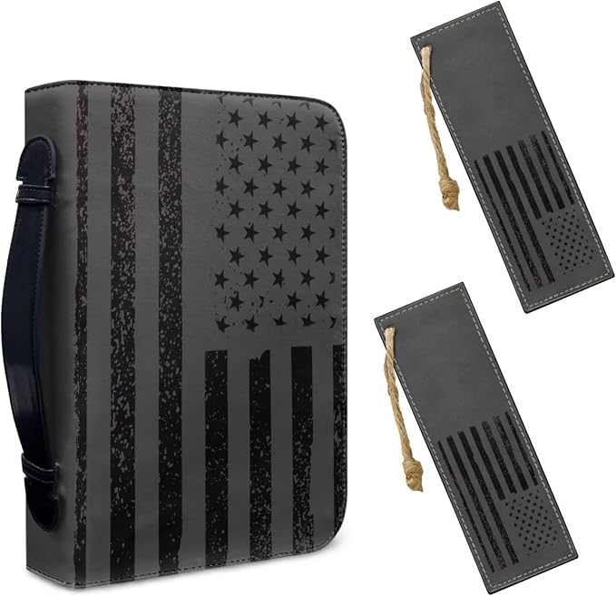 Lotusorchid Bible Cover Case with Bookmarks, American Flag Leather Bible Cover for Women Men, Portable Bible Carrying Case with Handle and Pocket, Waterproof Bible Accessories for Christian, M