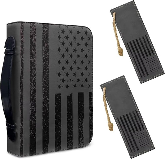 Lotusorchid Bible Cover Case with Bookmarks, American Flag Leather Bible Cover for Women Men, Portable Bible Carrying Case with Handle and Pocket, Waterproof Bible Accessories for Christian, XL