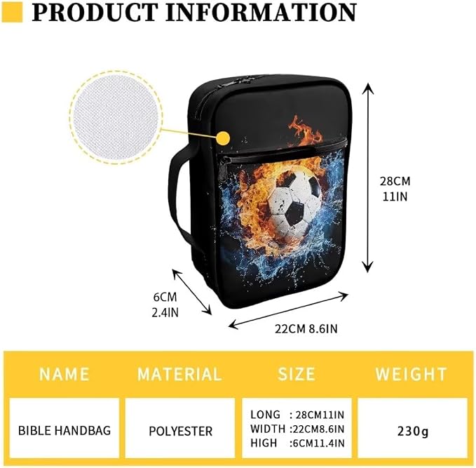 Coldinair Football Bible Cover for Kids Teen Men Fire Flame Church Bible Protective Book Case with Pen Slot Handle & Zippered Pocket Travel Christian Bible Accessories
