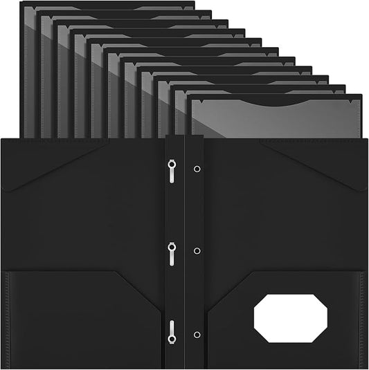 Henoyso 18 Pcs Plastic Folder with Clear Front Pocket and 3 Prong Plastic Folders with Card Slot Pocket Folders with Prongs for School Office (Black)