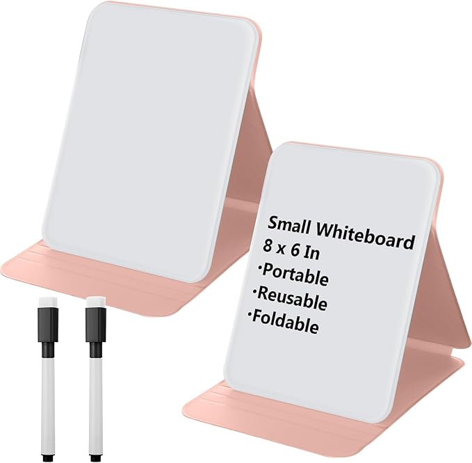 Dunzoom 2 Pcs Small Glass Desktop Whiteboard with Reversable Stand 8 x 6 Inch Mini Dry Erase White Board Easel with 2 Markers Reusable Desk Notepad for Home Office School Supplies (Pink)