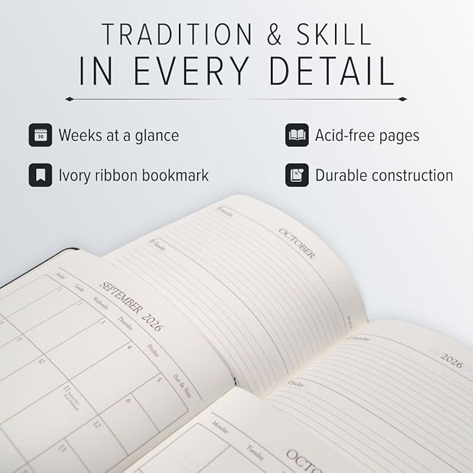 Gallery Leather Desk Weekly Monthly Planner 2025-2026, Elegantly Bound Calendar Planner and Notebook with Stylish Gold-Gilded Page Edges, 12 Months - Acadia Navy - US Navy - 8 x 5.5 "