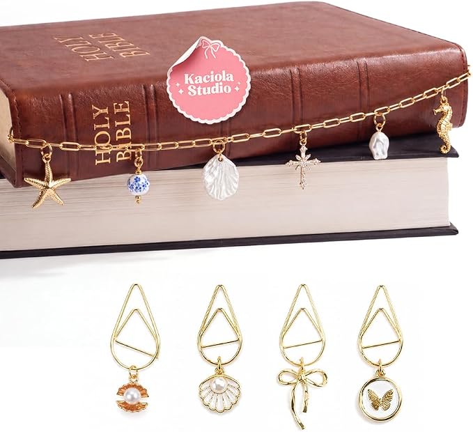 Kaciola Bible Charms Chain with 4PCS Planner Charms for Bible Study, Book Spine Bookmark, Journal Accessory, Unique Faith Jewelry Gift for Women (SJ-05)