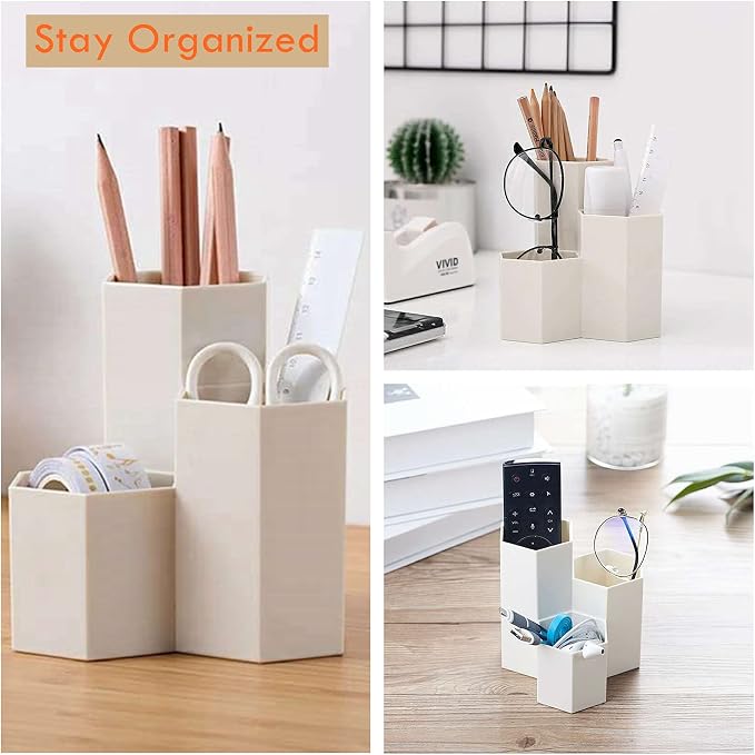 Pen Holder for Desk, White Pens Cup with 3 Compartment Small Desk Organizer Cute Pencil Holder for Office,School and Home (White, Triangular)