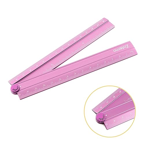 2-in-1 Foldable Metal Ruler & Protractor -15cm Compact to 30cm Extended, Precision Laser Etched Metric Scale, Aluminum Folding Small Ruler for Planner Journaling Drafting Drawing (Pink)