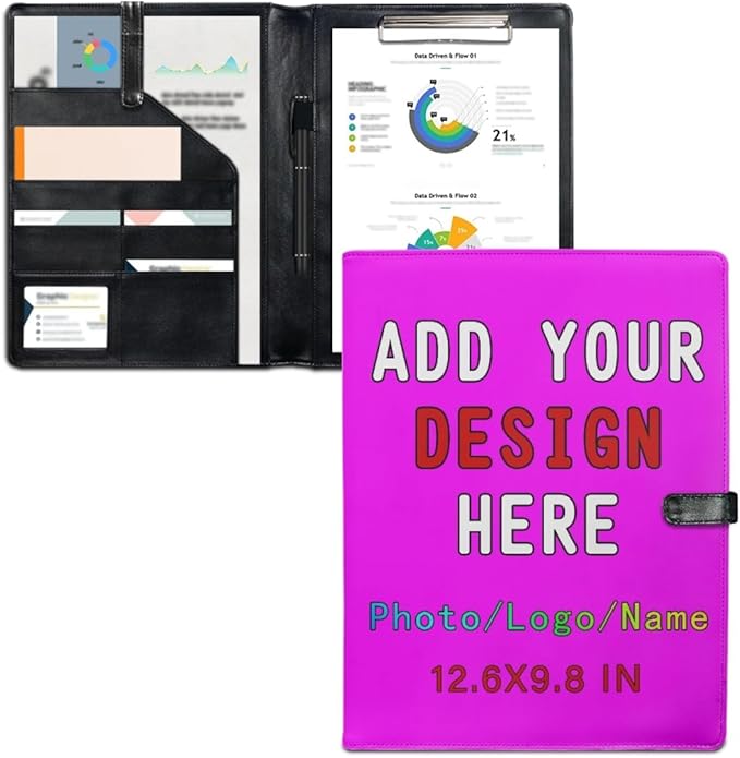 Personalized Padfolio Clipboard Folder Add Your Own Logo Text Text, Custom Leather Portfolio for Men Women with A4 Size Clip Board, Fuchsia