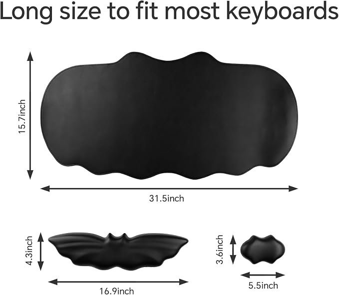 Bat Mouse Pad, PU Leather Mousepad, 3 in 1 Keyboard Wrist Rest and Mouse Wrist Rest, Ergonomic Bat Wrist Rest Waterproof Leather Surface, Easy Typing Cushion with Memory Foam for Home Office