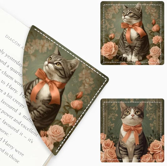 2PCS PU Leather Bookmarks 3.5x3.5 Inch Cat Rose Bow Design | PU leather bookmarks with cat rose bow design for novels, daily journals, reading notes, students, women readers and cat fans