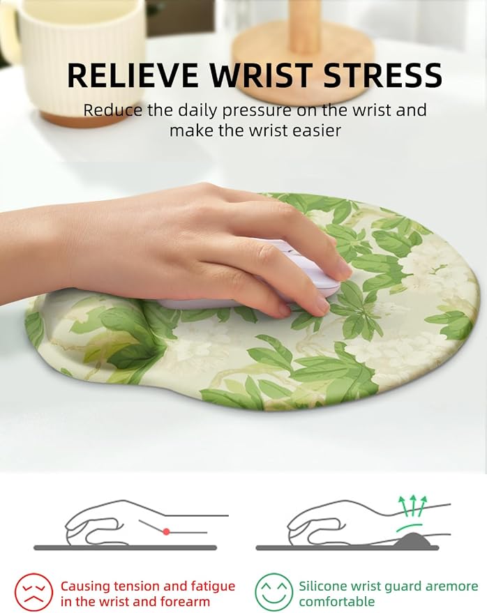 Lily Floral Mouse Pad Wrist Support Wrist Rest, Flower Ergonomic Mouse Pad with Non-Slip Base for Office Gaming Working Computers,Desk Accessories Pain Relief Mouse Mat, Flower Green