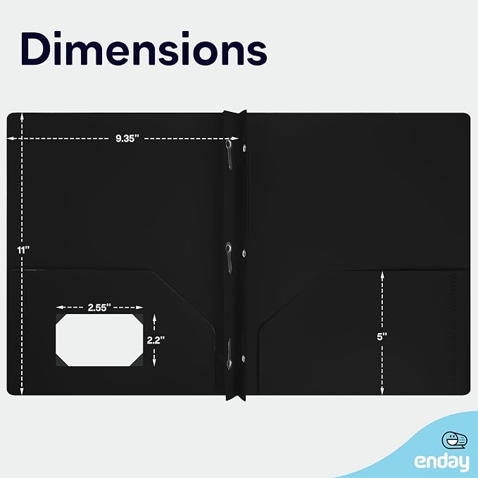 Plastic Folders with Pockets and Prongs Black, Two Pocket Folder with Brads, 3 Prong Folders with Pockets for Letter Size Sheets (6 Pack) - By Enday