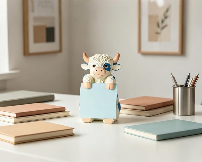 Highland Cow Sticky Note Holder with 100 Sheets 3x3 Pop-Up Notes, Handmade Resin Highland Cow Desk Decor for Office, Home & Classroom, Gift for Women, Teachers & Coworkers - Blue